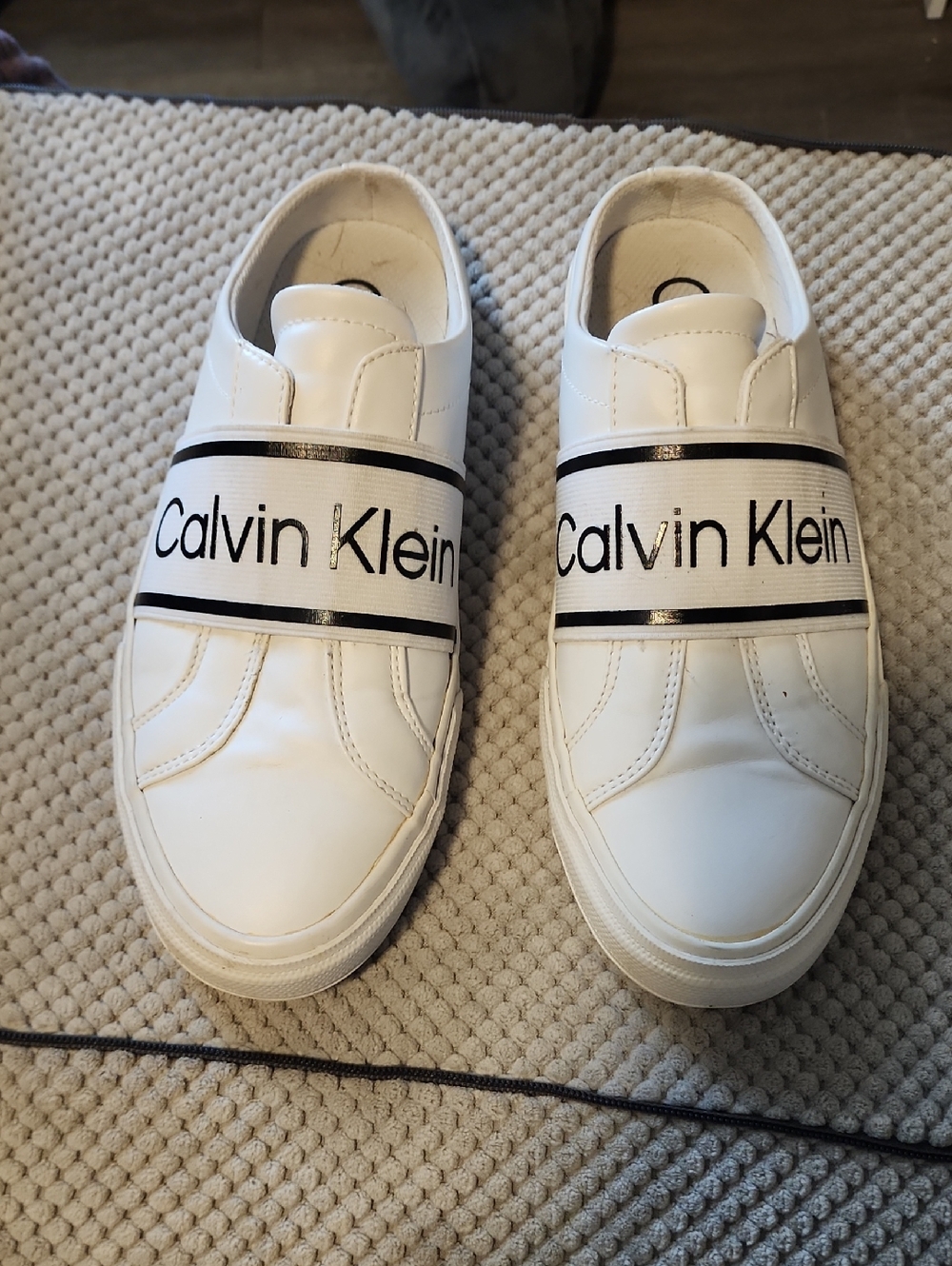 Calvin Klein White Mule Sneakers with Black Logo Strap - Women's 8.5
